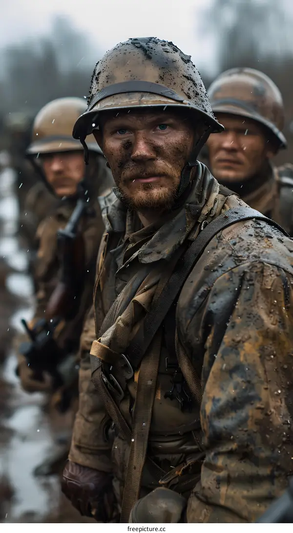 A soldier looks out from a foxhole during World War II.