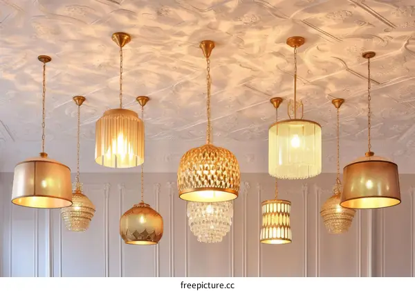 Various shapes of hanging lamps with warm yellow light