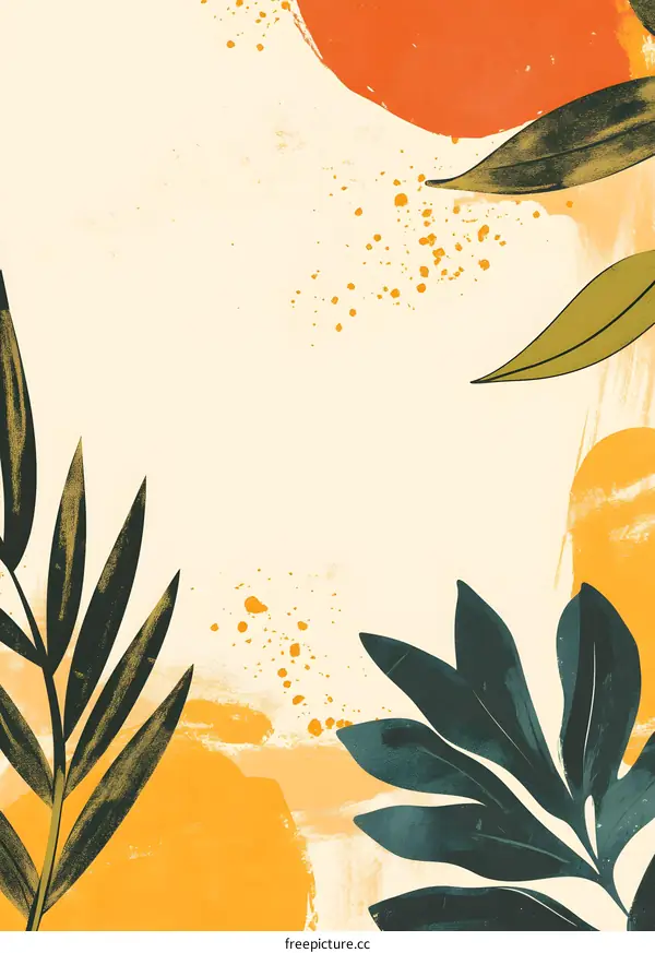 Abstract Green Leaves Yellow Orange Minimalist Artwork