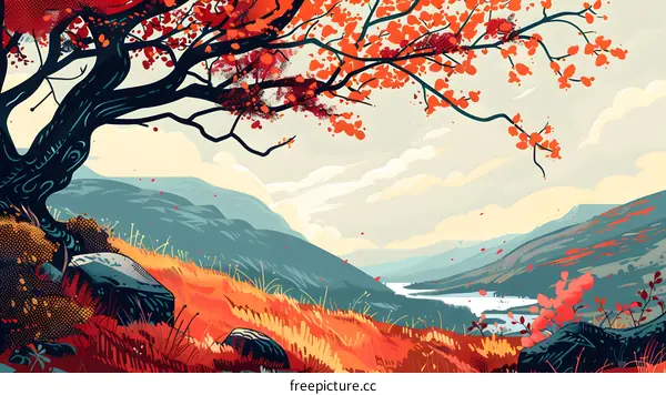 Autumn Landscape Painting With a Tree