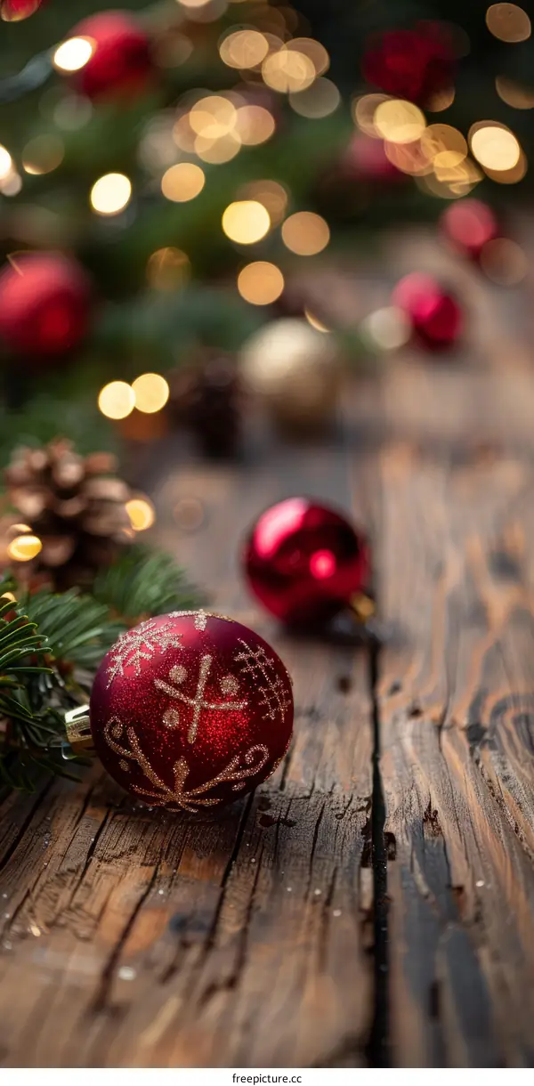 Red and gold Christmas ornaments on a wooden table