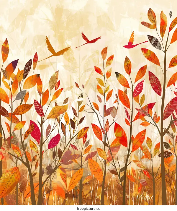 Autumn Forest Illustration With Birds