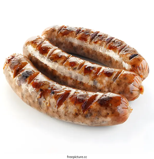 Three Grilled Sausages on White Background