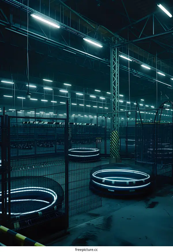 Futuristic Industrial Interior with Glowing Circular Lights