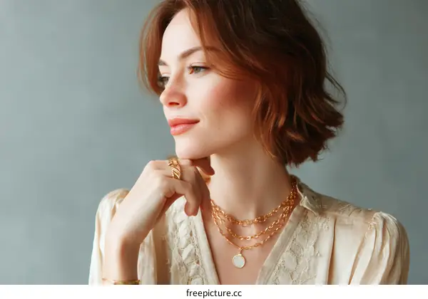 Closeup Portrait of a Woman with Gold Jewelry