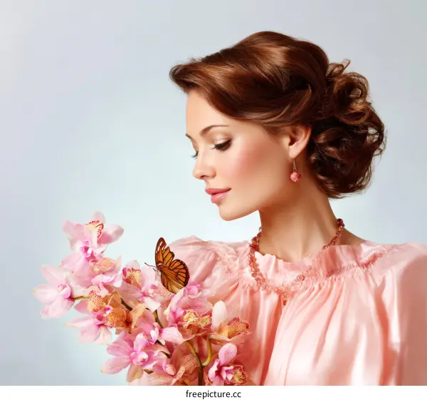 Beautiful Woman with Orchids and Butterfly