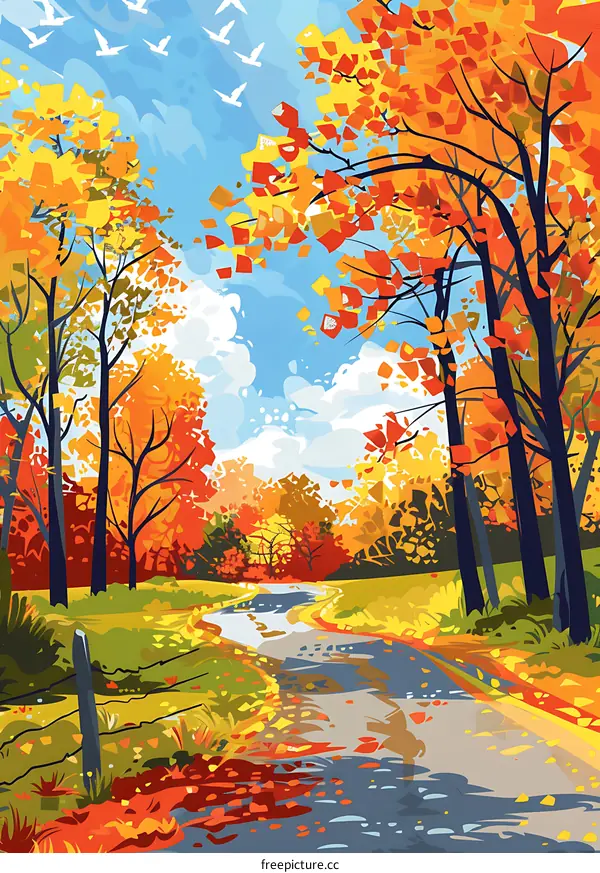 Autumn Road With Falling Leaves And Blue Sky