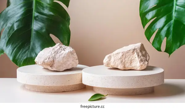 Natural Stone Display on a Beige Stand with Tropical Leaves