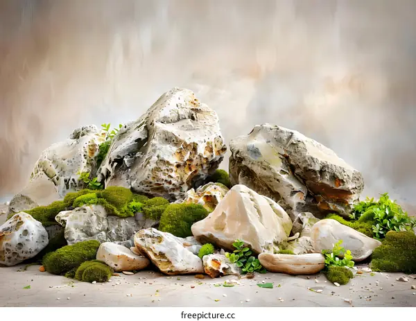 Natural Stones With Moss And Green Plants On Sandy Surface