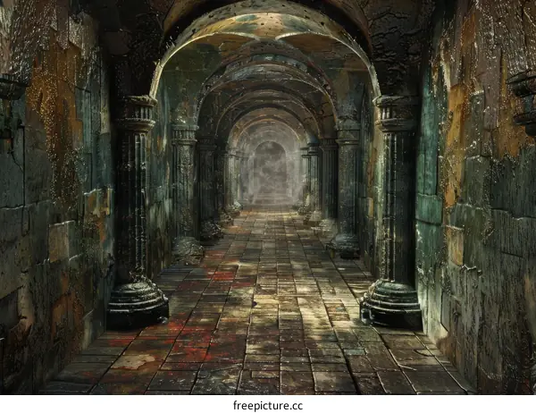 Dark and Eerie Dungeon Corridor with Stone Pillars and Arches