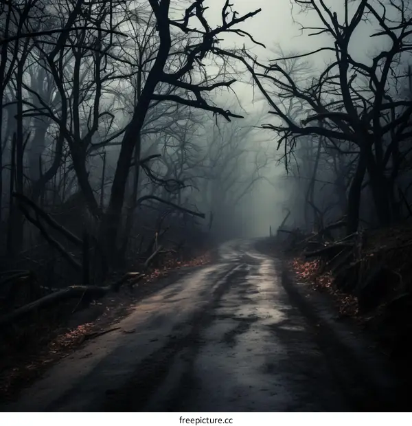 Road through a dark and foggy forest