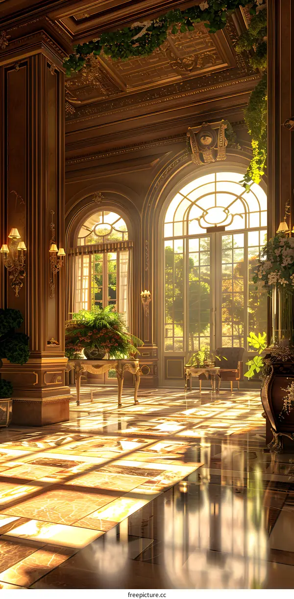 Sunlight Through Large Windows in Ornate Room