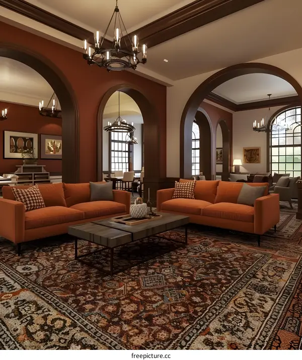 Living Room Interior Design with Arched Doorways and Orange Couches