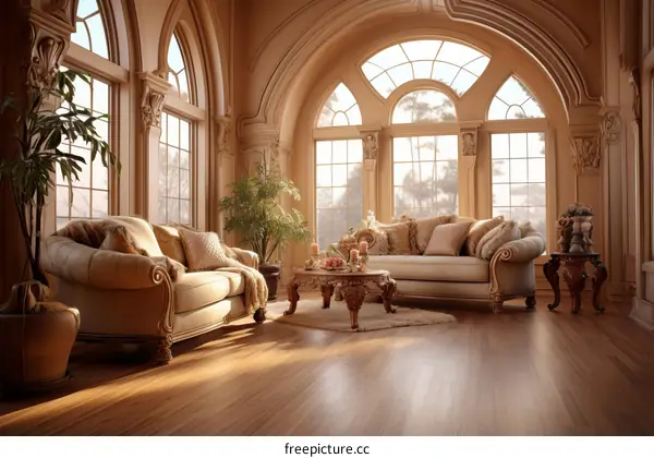 Luxurious living room with large windows and seating area