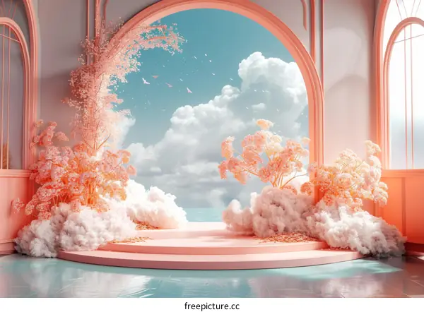 A Pastel Dreamy Interior Scene with Fluffy Clouds and Flowers