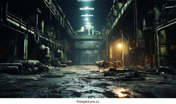 A dark and gloomy industrial building with pipes and catwalks
