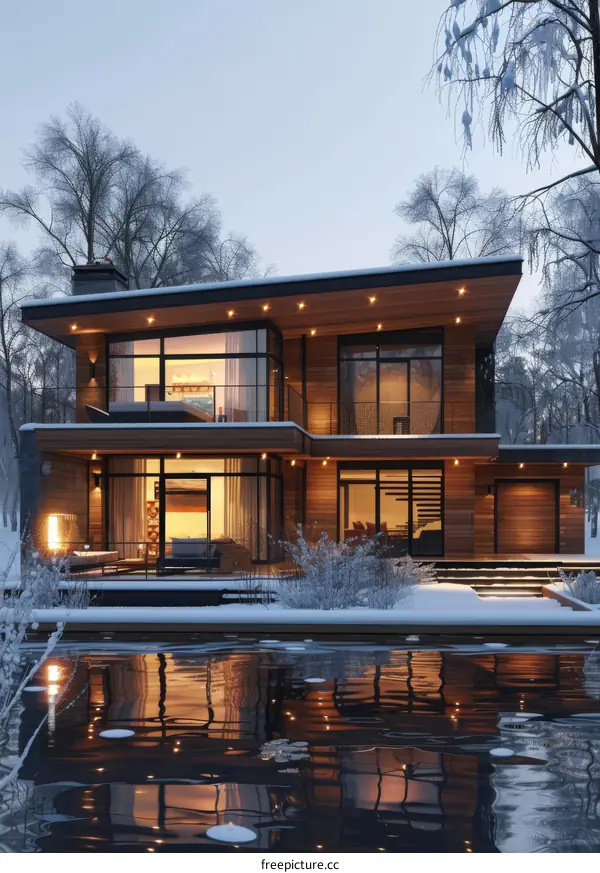 Modern wooden house in winter evening