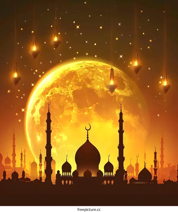 Islamic Mosque Silhouette with Moon and Stars