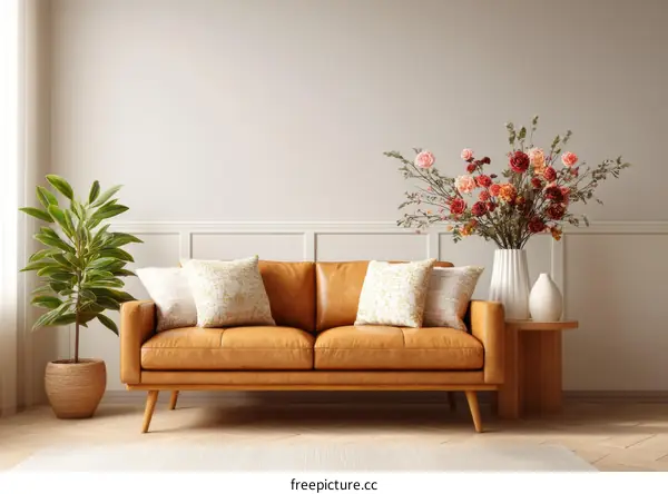 Modern Beige Living Room with Tan Leather Sofa