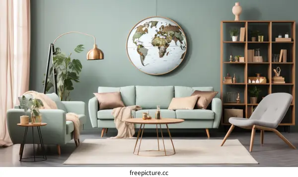 A stylish living room with a world map on the wall