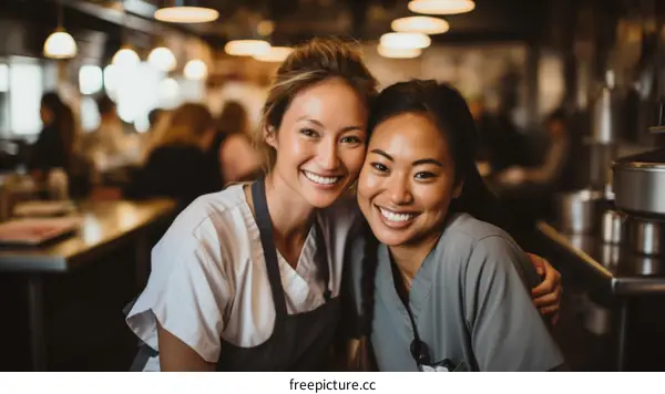 Portrait of two female chefs smiling in a commercial kitchen