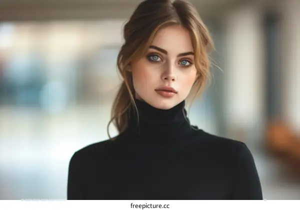 Portrait of a beautiful young woman with blue eyes and brown hair wearing a black turtleneck sweater
