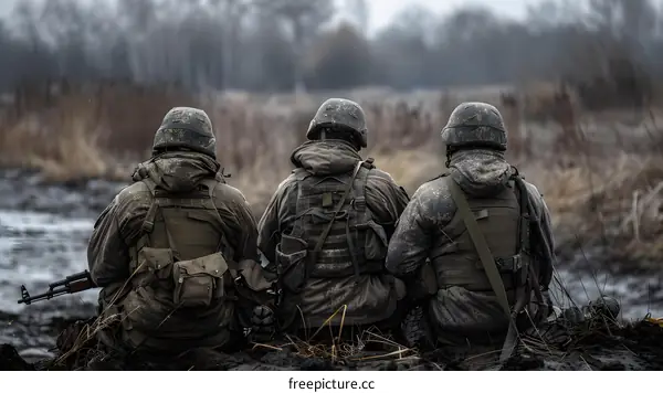Three Soldiers Sitting in a Muddy Field
