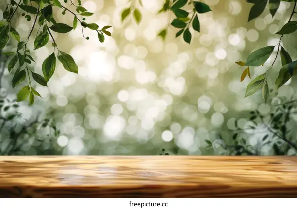 An empty wooden table with green leaves in the background
