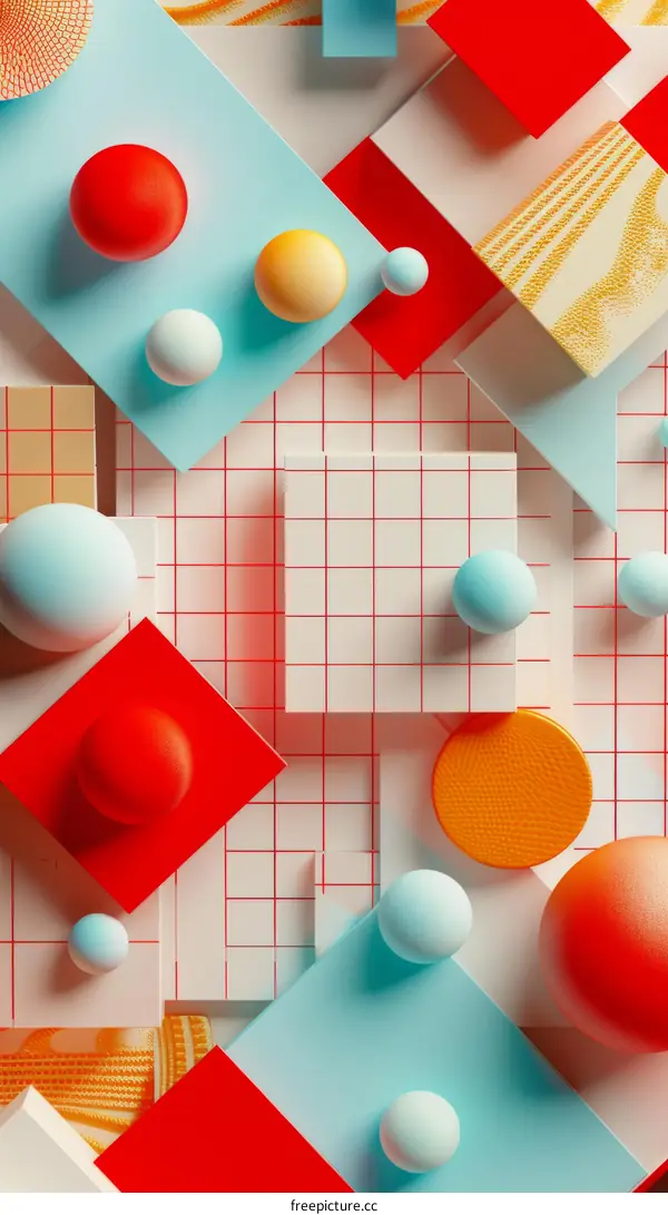 3D rendering of geometric shapes with spheres and cubes in bright colors