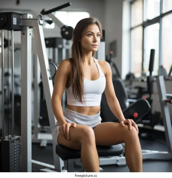 Portrait of a young woman in sportswear sitting on a bench in a gym