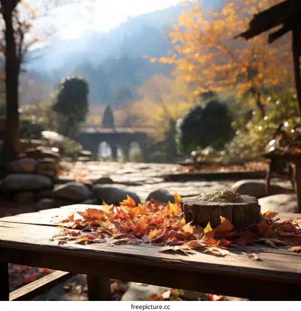 An Autumn Splendor: Leaves Adorn a Wooden Table