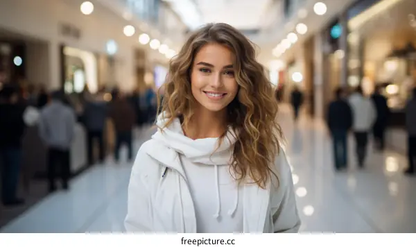 Portrait of a beautiful young woman with curly hair smiling in a shopping mall