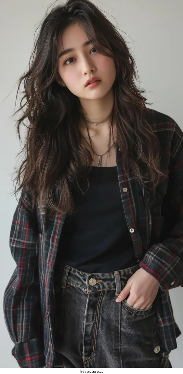 A young woman with long brown hair and a plaid shirt
