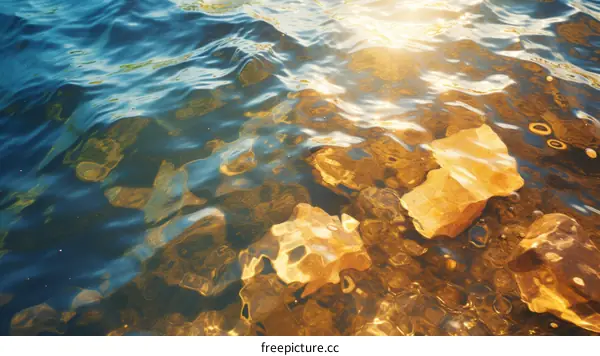 Underwater photography of rocks in shallow water with sunlight