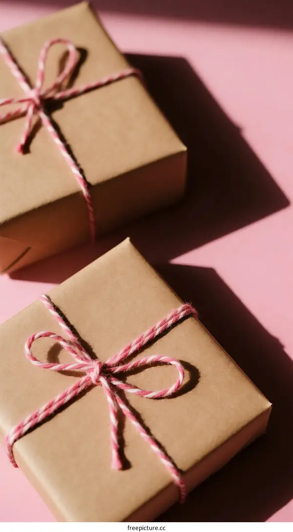 Two Craft Gift Boxes Tied with Pink and White String