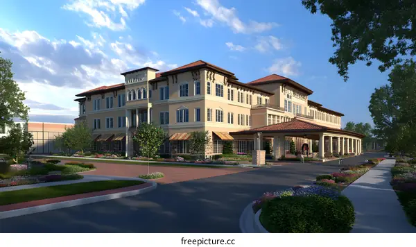 Luxury  Residential Building Exterior Design with Brick Pathway and  Flowers