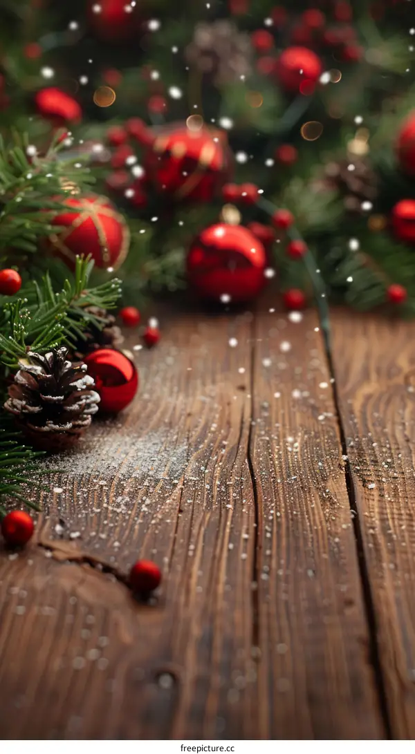 Festive Christmas Background with Fir Branches and Red Ornaments