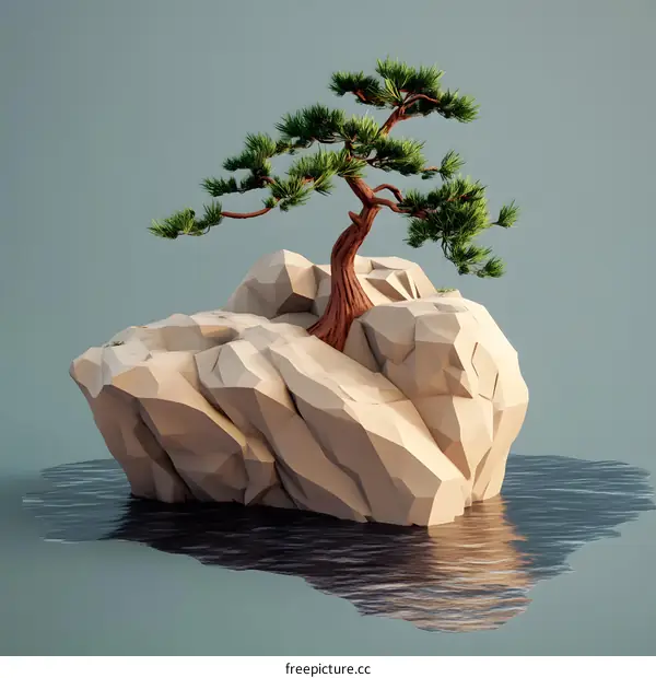 Low Poly Tree On A Rock Island In The Sea