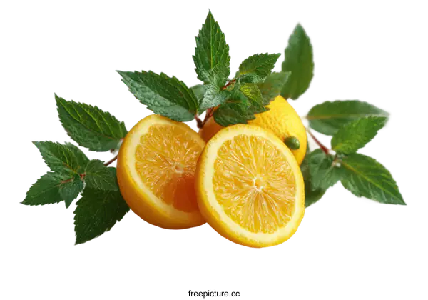 [Transparent Background PNG]Freshly Sliced Lemons with Mint Leaves