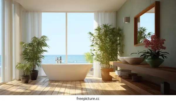 Coastal Modern Bathroom with Plants and Ocean View