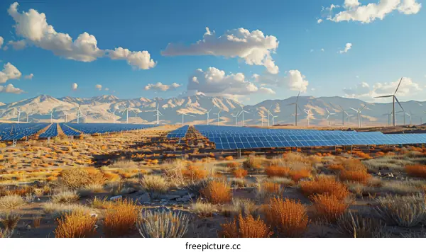 Large-scale solar and wind farm in the middle of the desert