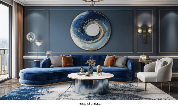Blue and gold luxury living room interior design
