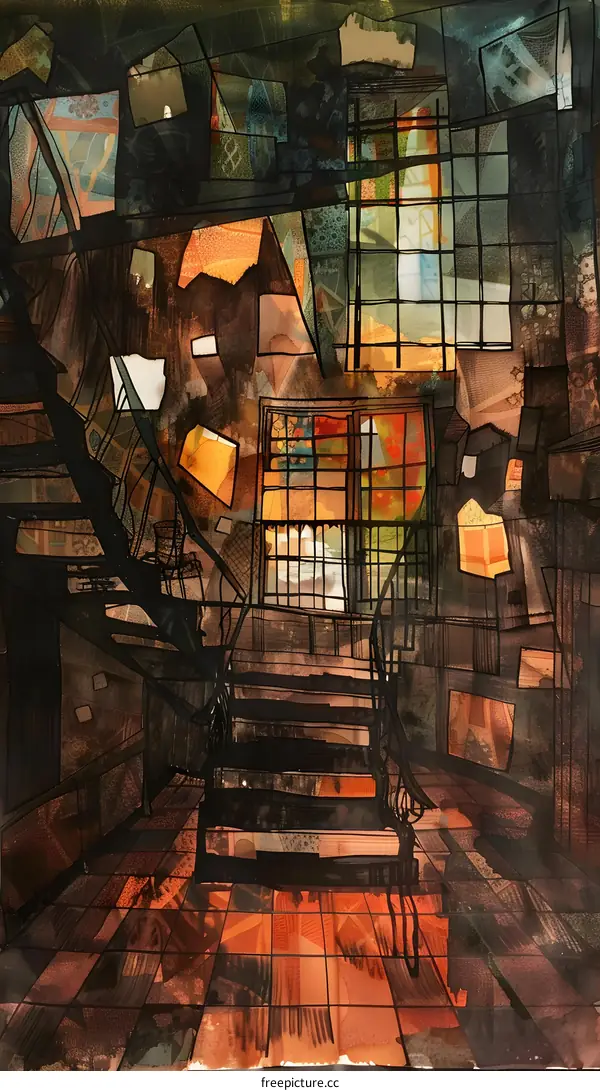 Watercolor Painting of a Staircase with a Window in the Background