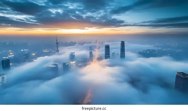 Sunrise City Skyline Piercing through the Clouds