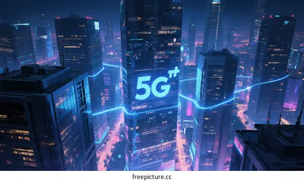 5G Technology Illuminates Modern Urban Skyscrapers at Night