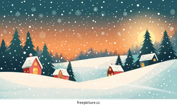 Snowy village landscape with houses and trees