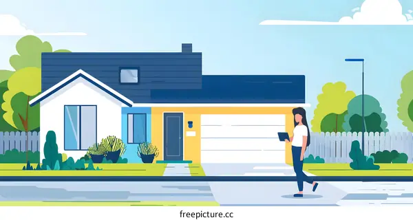 Woman with Tablet in Front of House Illustration