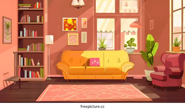 Living Room Interior Design Illustration with Yellow Sofa and Pink Rug