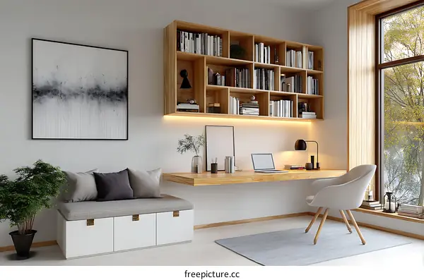 Modern Home Office with Wooden Bookshelf and Comfortable Seating