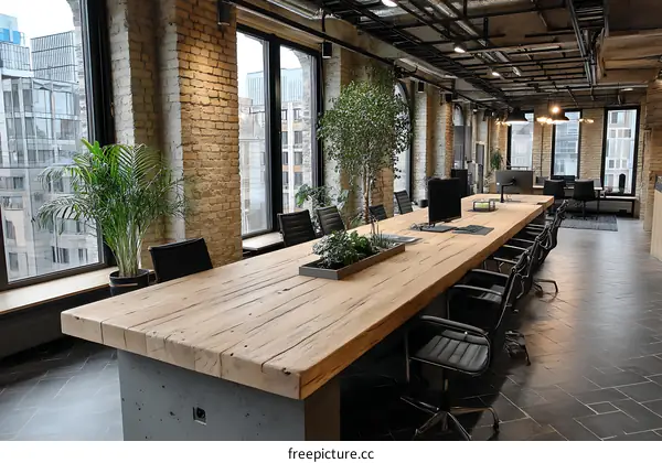 Modern Industrial Open Office Space with Large Wooden Table